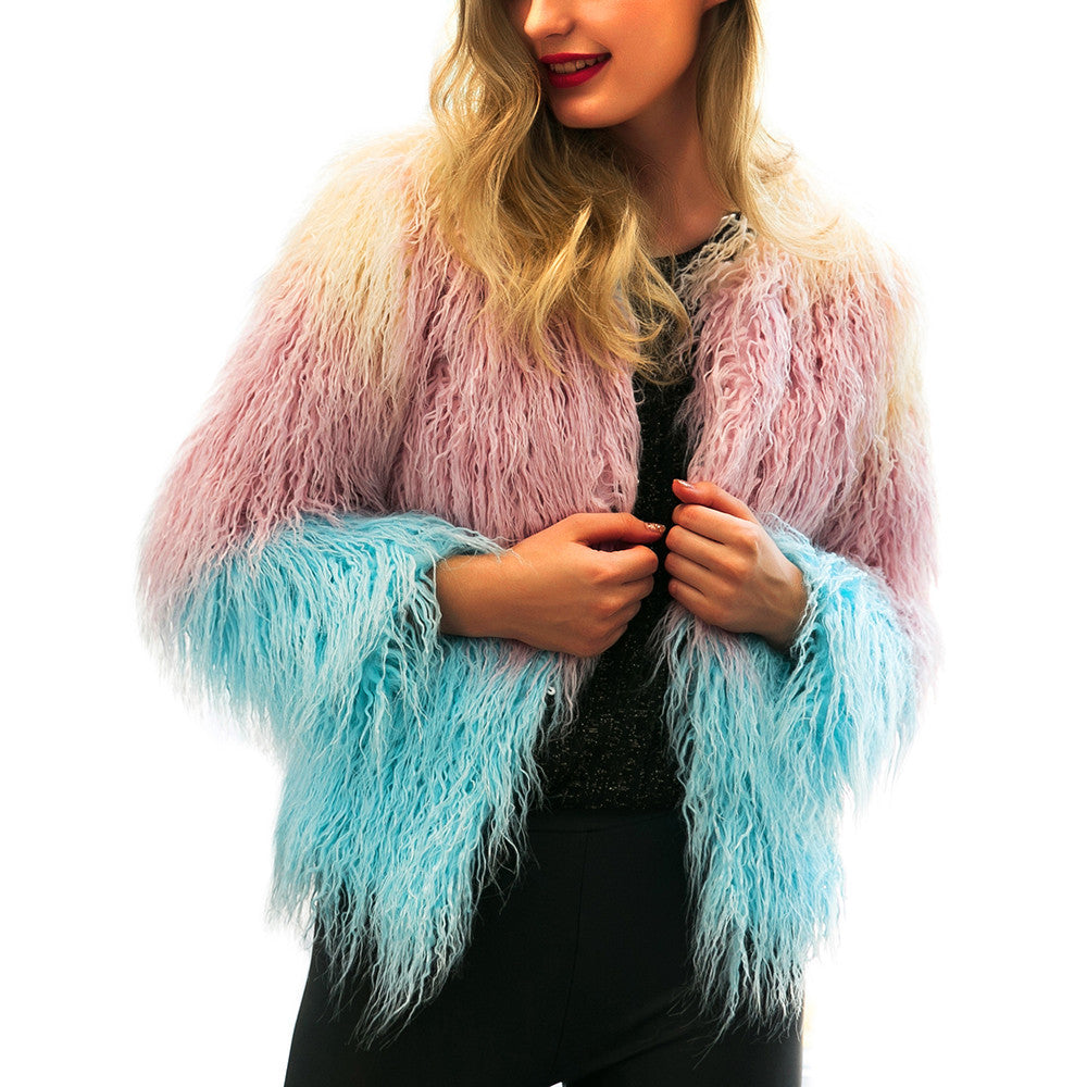 Warm Faux Fur Jacket Winter Gradient Color