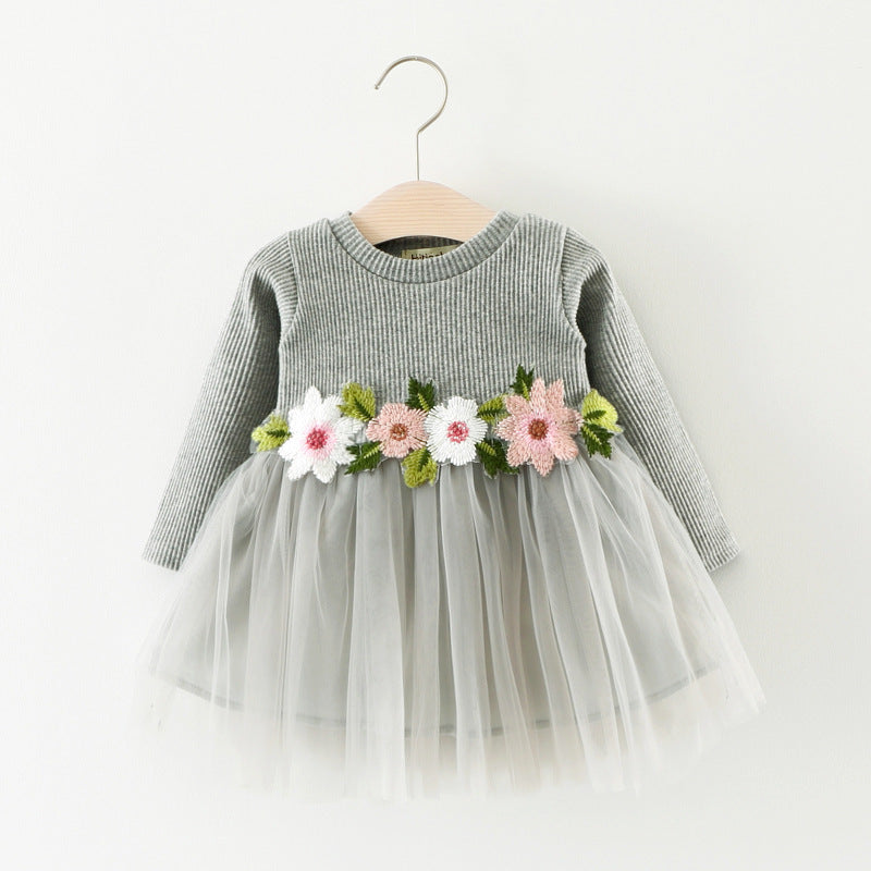 Children's  waist flowers long sleeve Dress