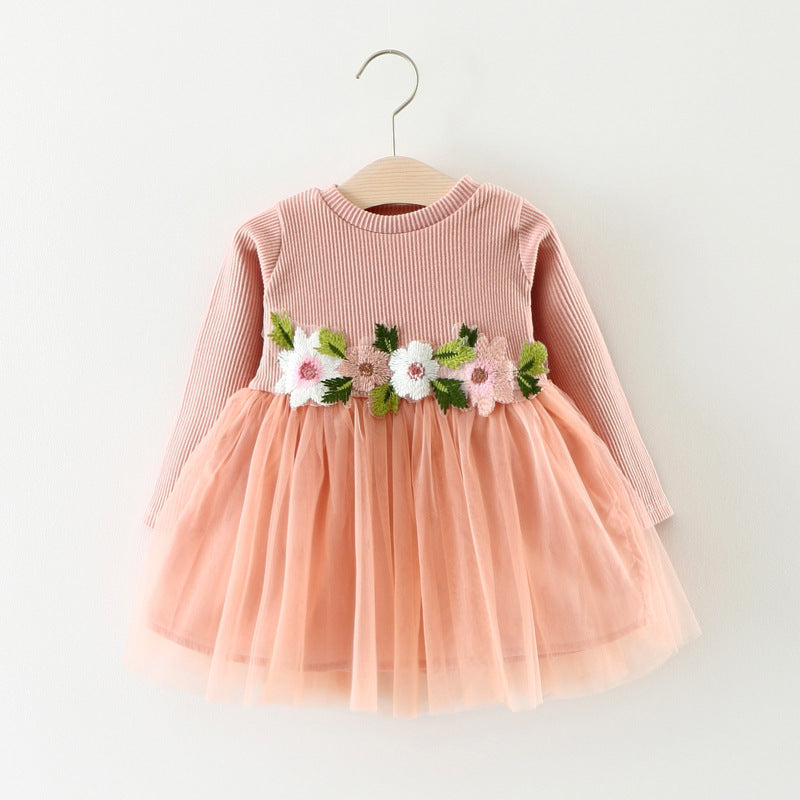 Children's  waist flowers long sleeve Dress