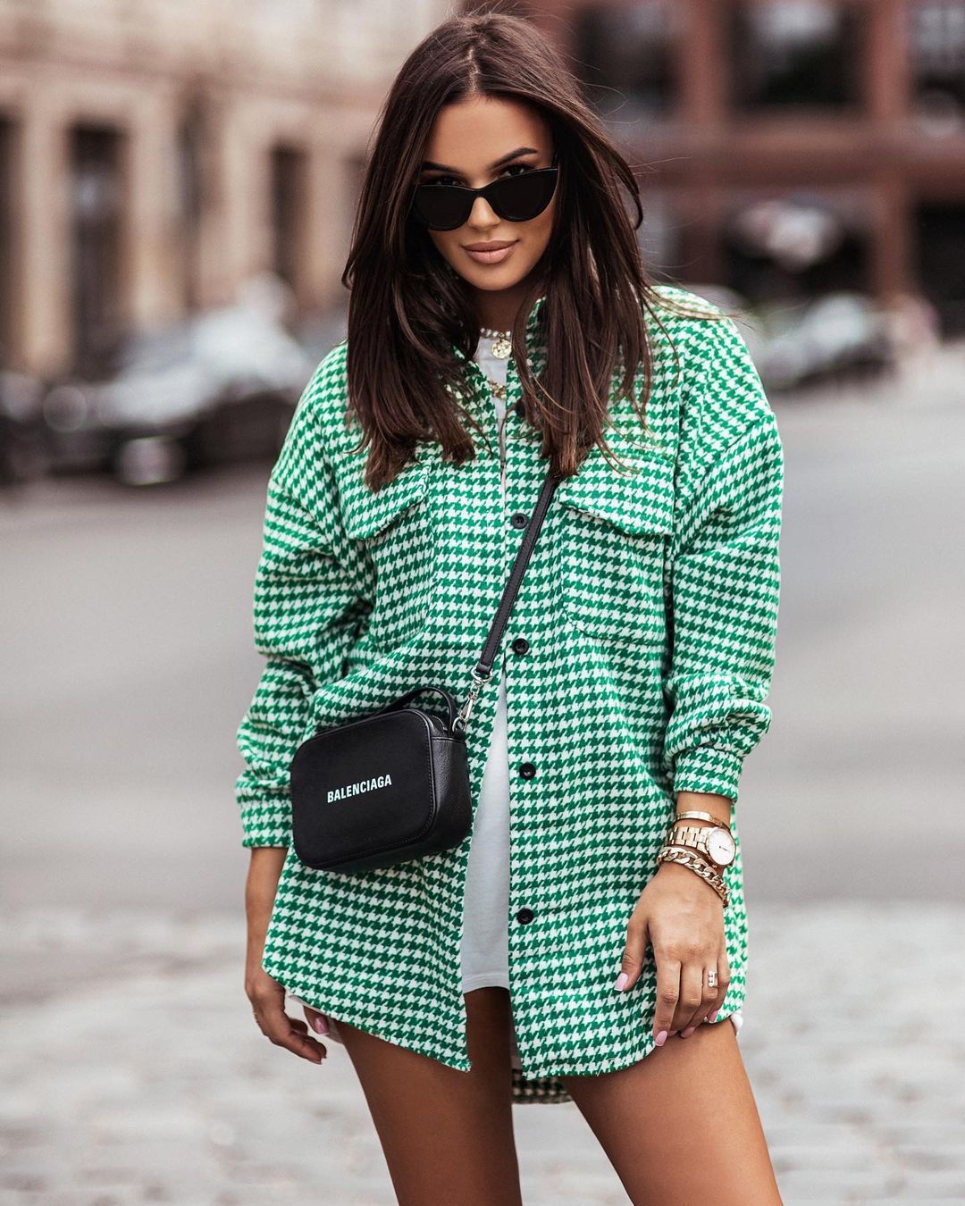 Fashion Houndstooth Long-sleeved Shirt Women