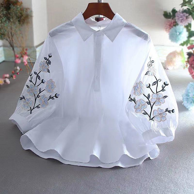 Vintage Lantern Sleeve Embroidery Loose Shirt