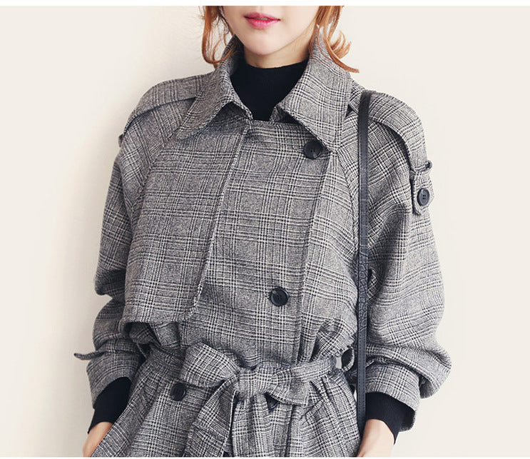 Large Size Trench Coat Double-breasted Plaid Woolen Mid-length