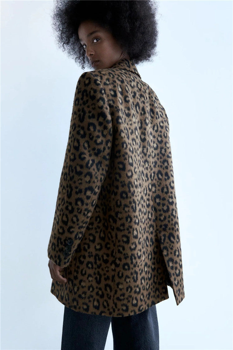 Sexy Leopard Print  Mid-Length Woolen Jacket