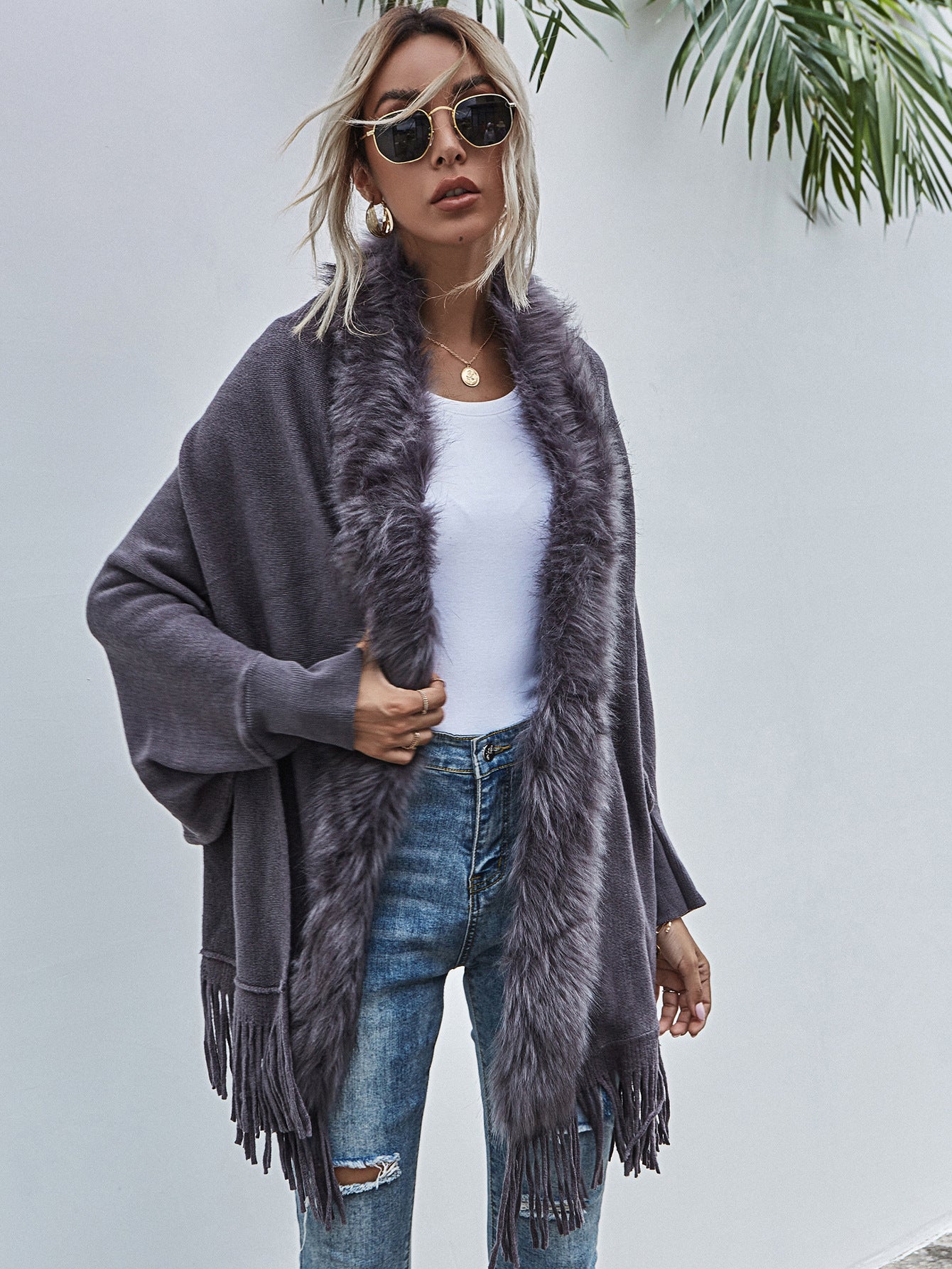 New Fur Collar Shawl Cardigan Sweater Coat