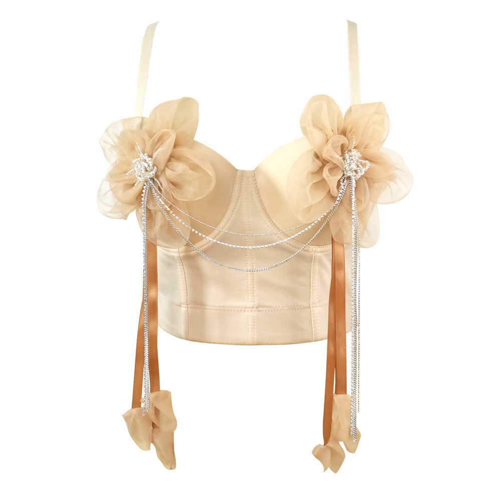 Women's Large Flower Fringed Chain Embellished Fish Bone Corset