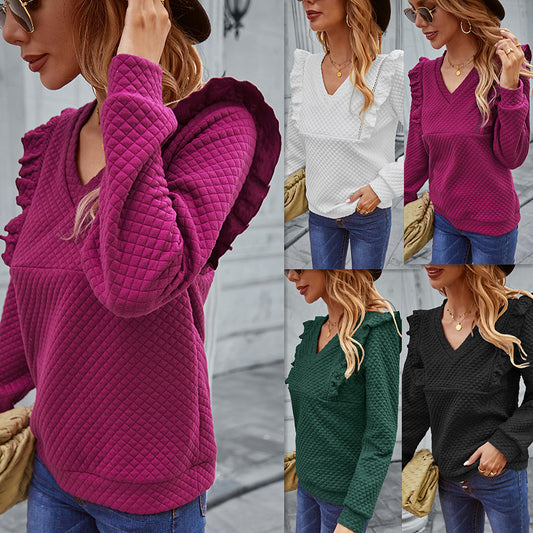 Temperament Commuter Quilted Sweater Solid Color T-shirt Women