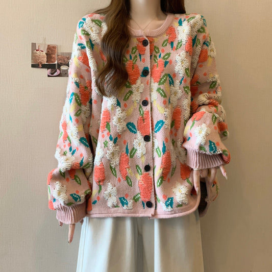 Popular Beautiful Sweater Coat Early Fat Sister Slimming Retro Floral Knitted Cardigan Top