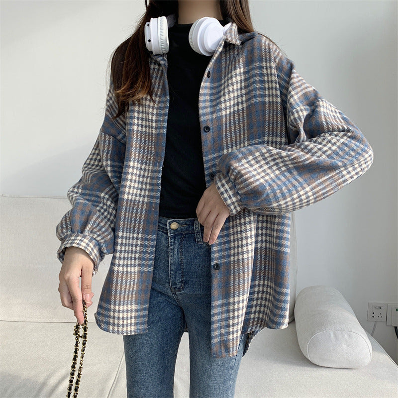 Retro Brushed Plaid Long-sleeved Shirt For Women