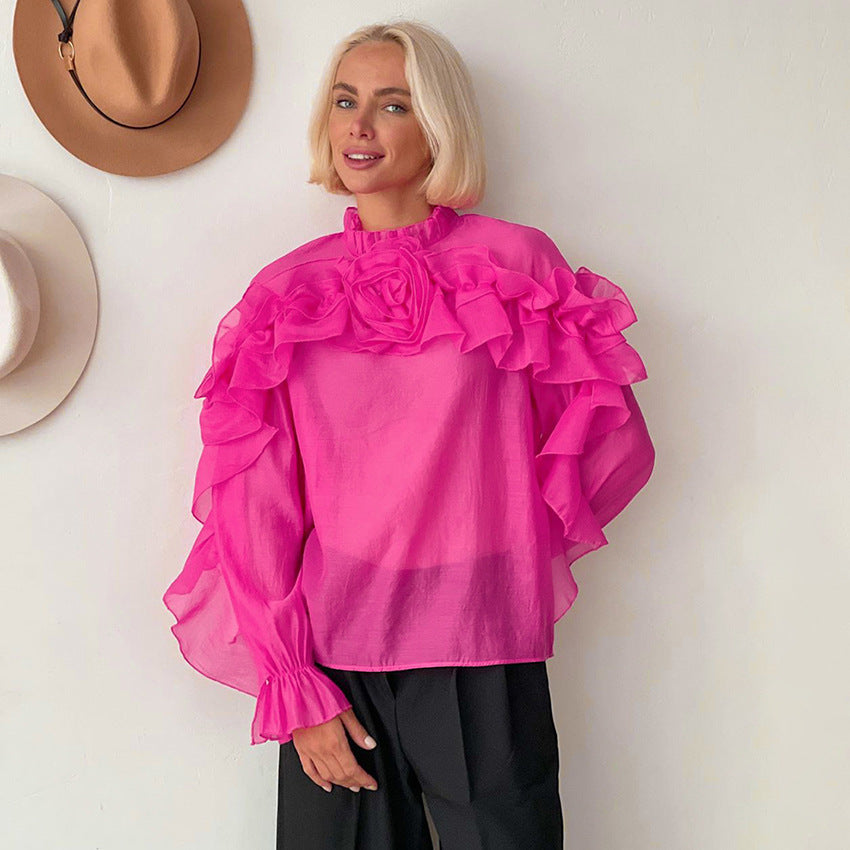 Ruffled Graceful Stand Collar Tencel Shirt