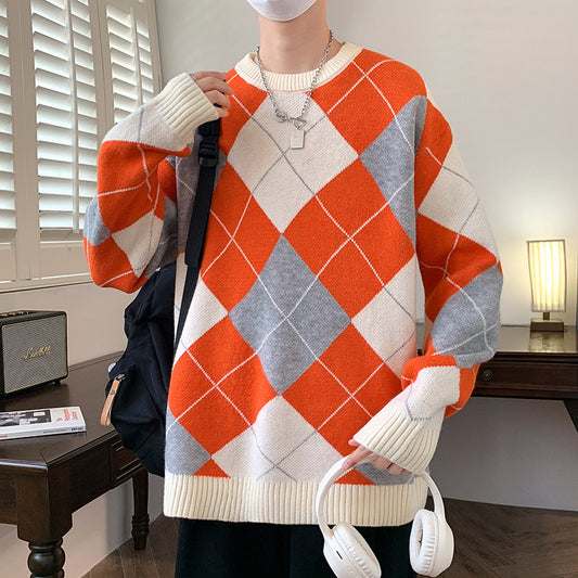 Rhombus Plaid Crew Neck Sweater