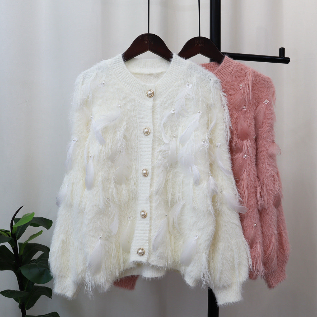 Artificial Mink Fur Gentle Design Feather Beaded Tassel Knitted Cardigan