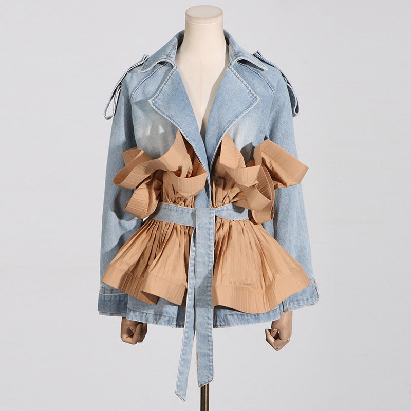 Design Lapel Contrast-color Ruffled Pleated Lace-up Women's Cowboy Coat