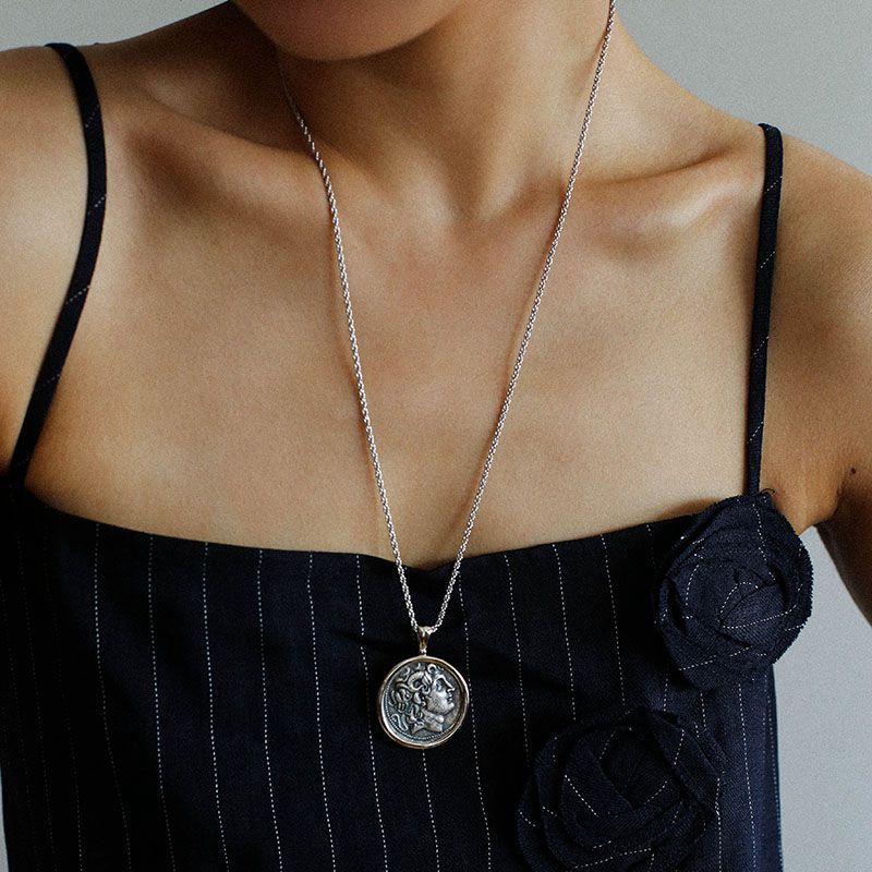 Silver Coin Long Necklace Women's Retro Simple Chain