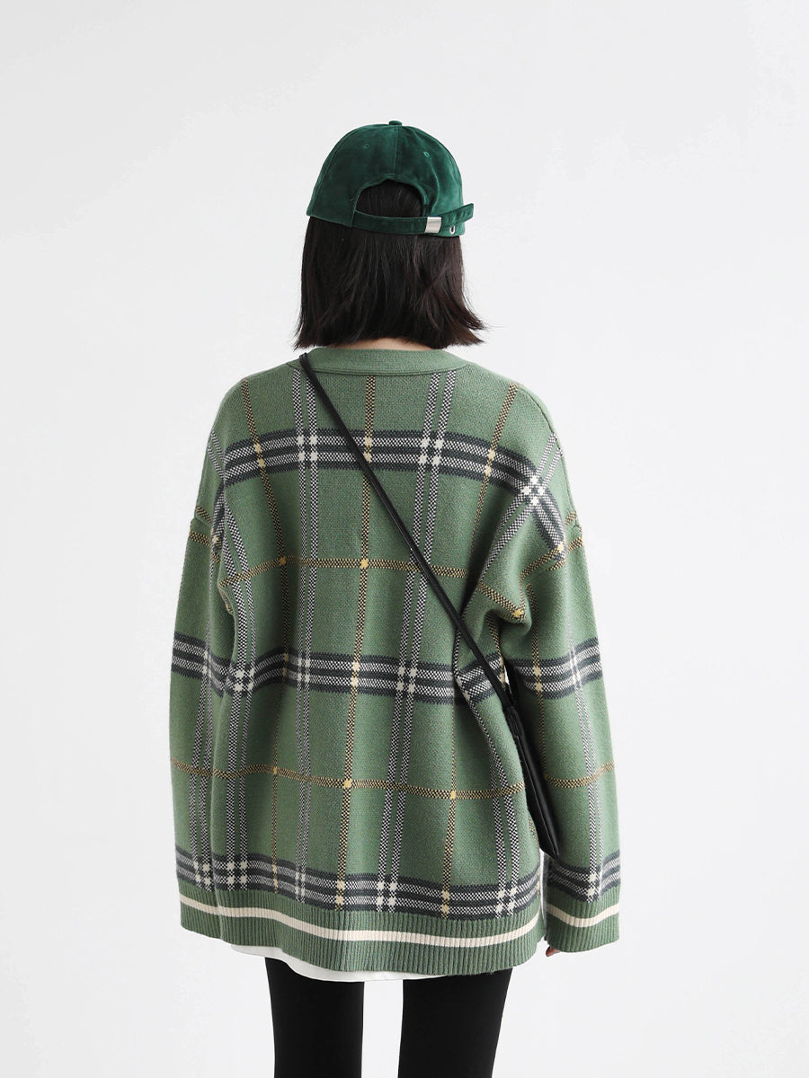 Vintage Loose V-neck Check Sweater Coat Women