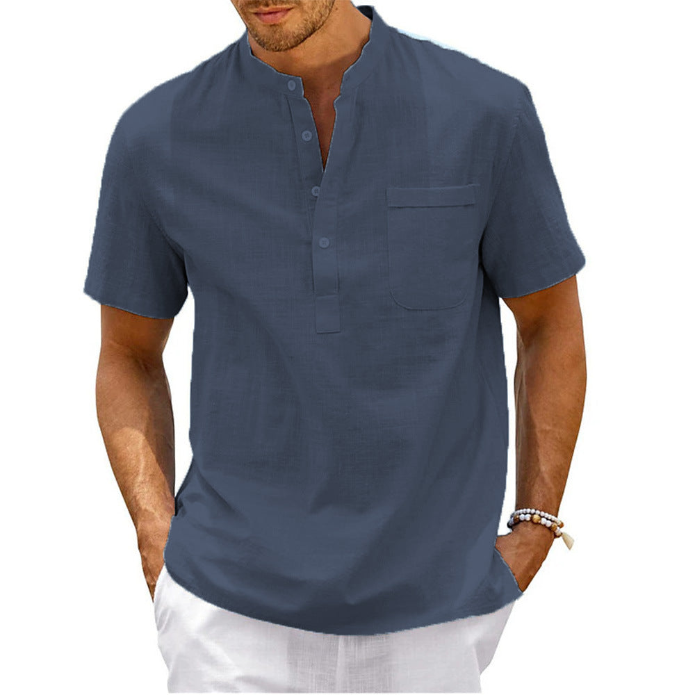 Men's Plus Size Solid Color Stand Up Collar Short Sleeved Shirt