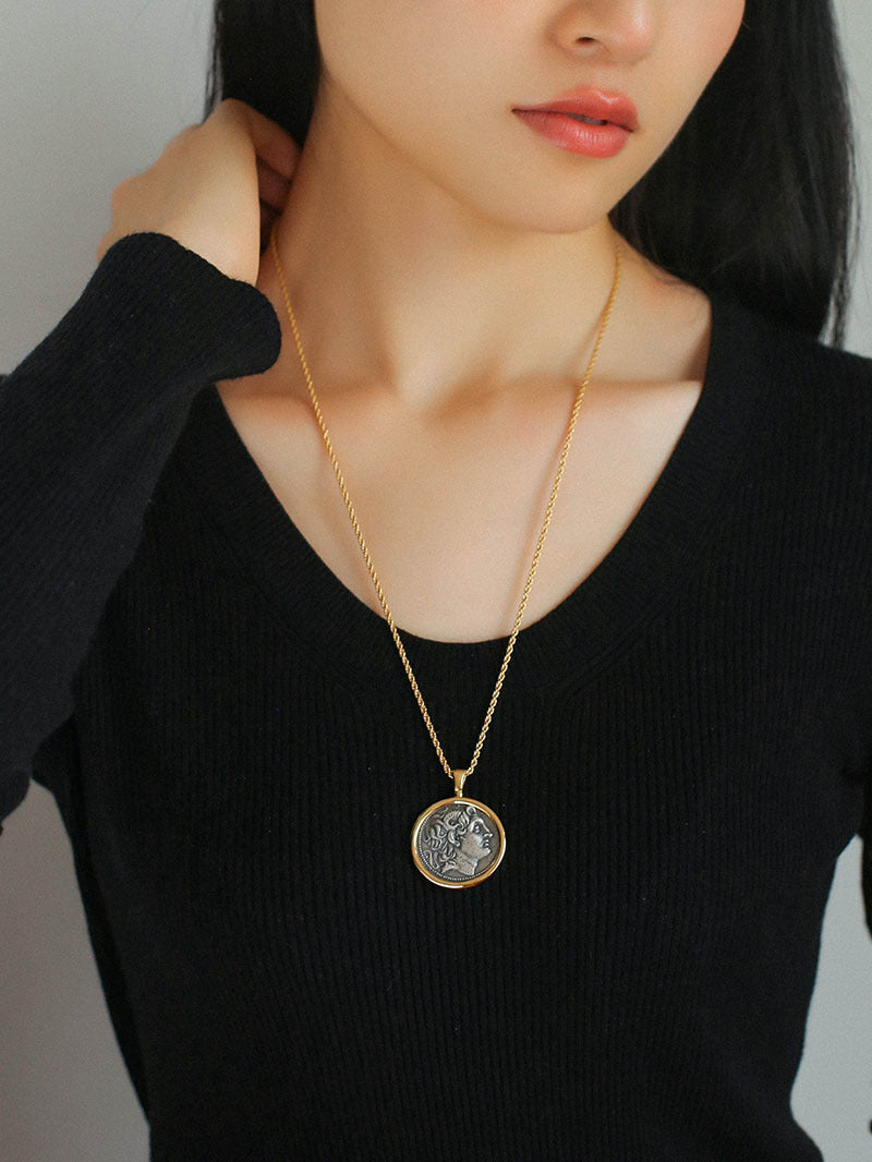 Silver Coin Long Necklace Women's Retro Simple Chain