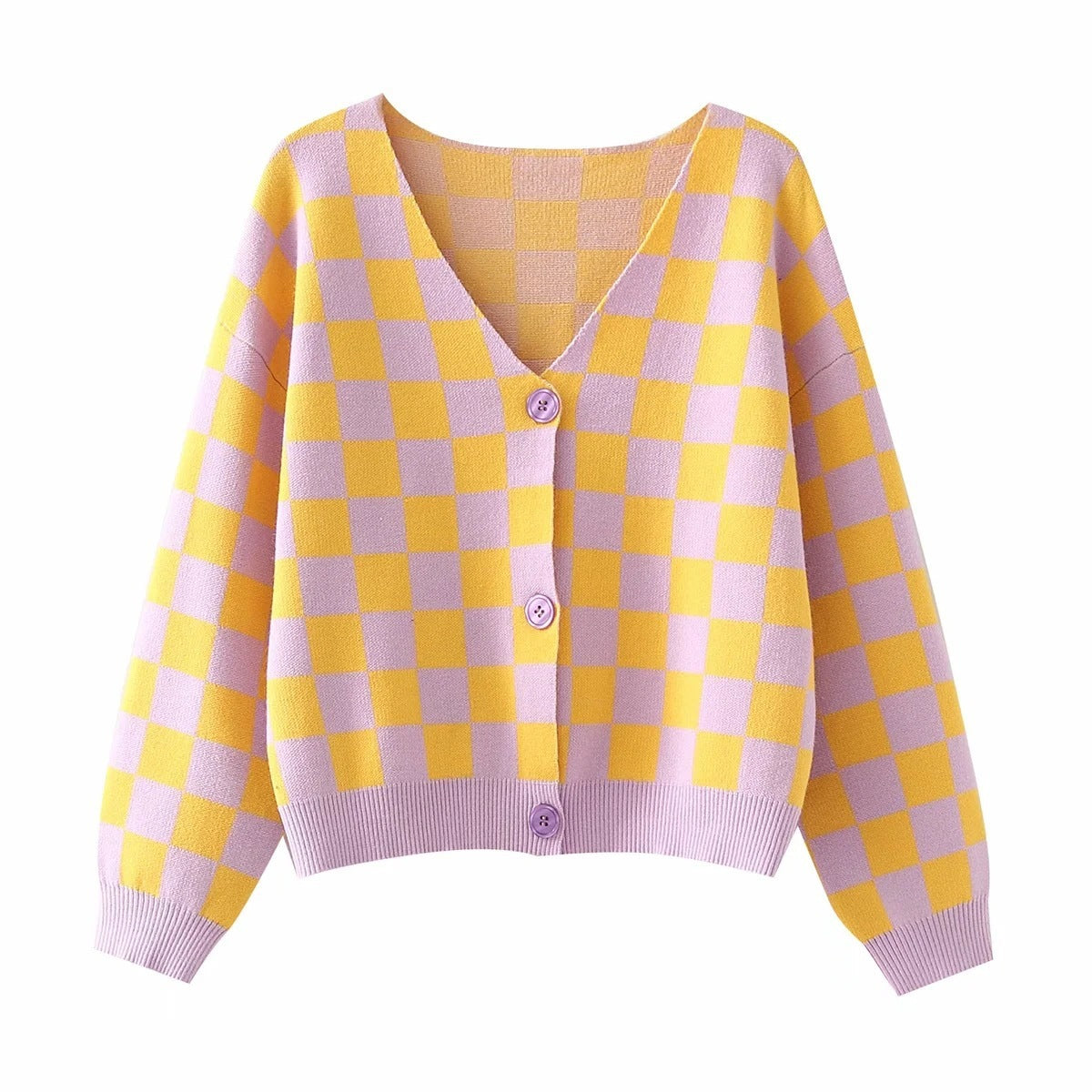 Yellow Checkerboard Pattern V-neck Loose Sweater