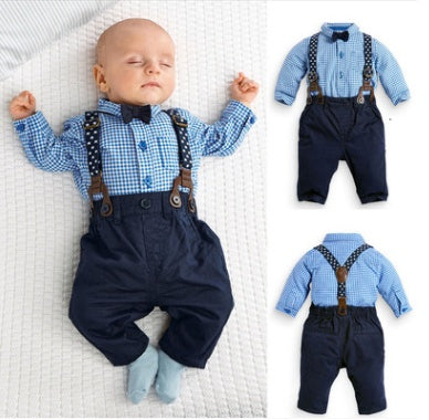 Boys gentleman suit, children's plaid shirt bib suit