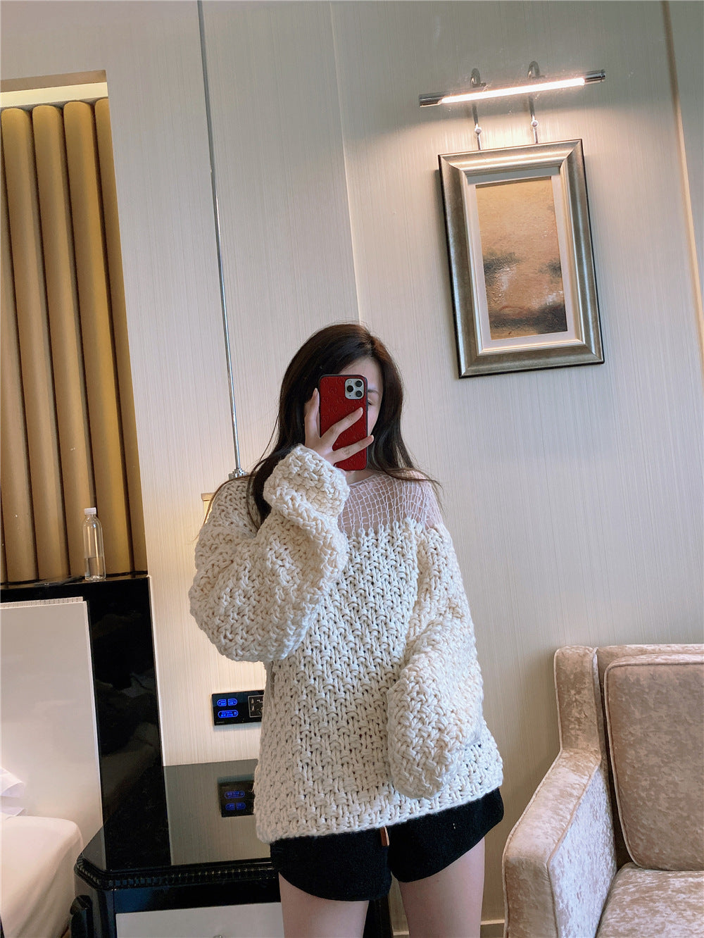 New Openwork Mesh Stitching Thick-knit Knitted Long-sleeved Sweater