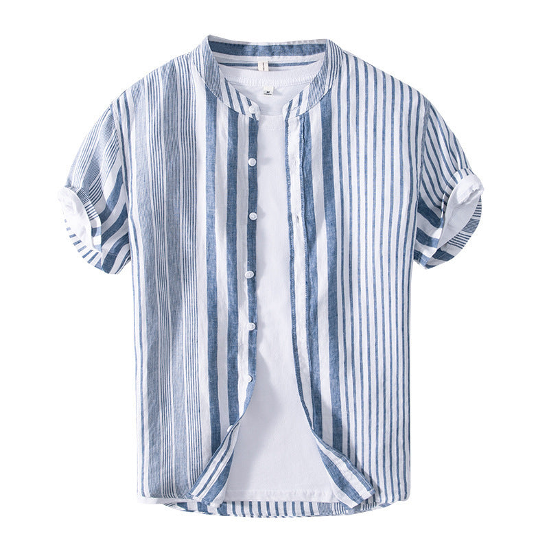 Men's Half Sleeve Striped Shirt Casual Linen Breathable Color Matching Short Sleeve Shirt Men