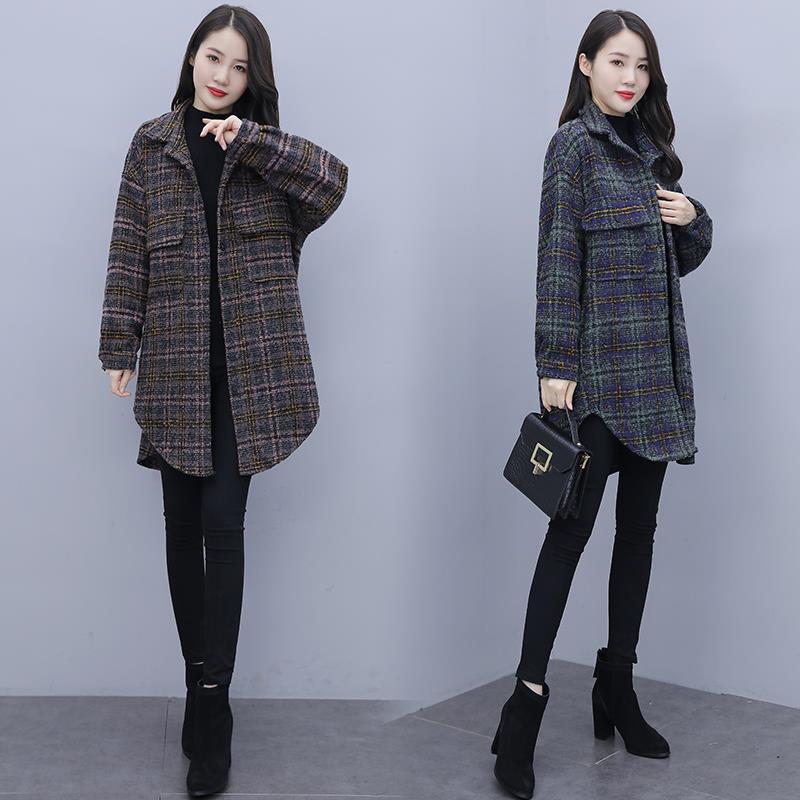 Loose Plaid Shirt Jacket Thick Women's Woolen Women