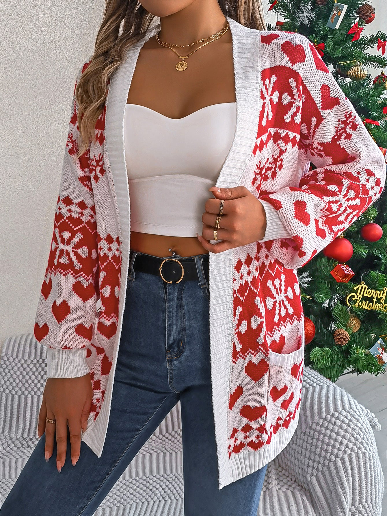 Christmas Clothes Women's Open Front Cardigan Knitwear Lantern Sleeve