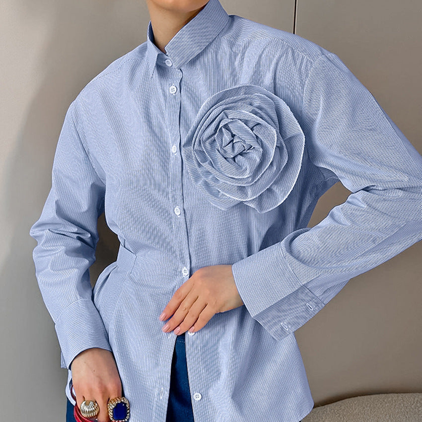 Casual Striped Blue Flower Slim-fit Long-sleeved Polyester Cotton Shirt