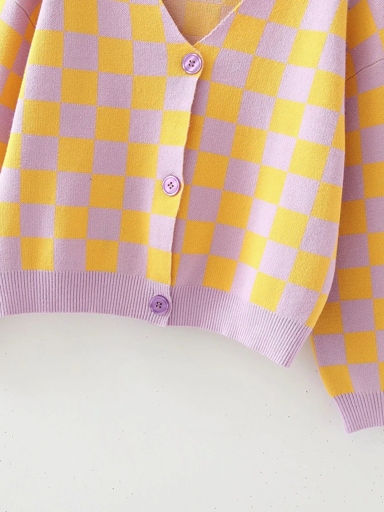 Yellow Checkerboard Pattern V-neck Loose Sweater