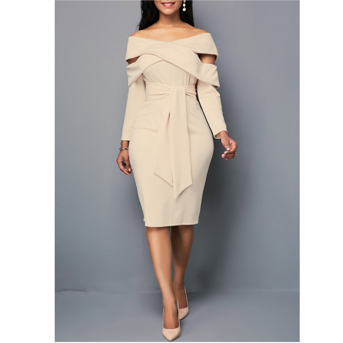 Solid Color Temperament Slim Fit One-Line Neck Long Sleeve Dress