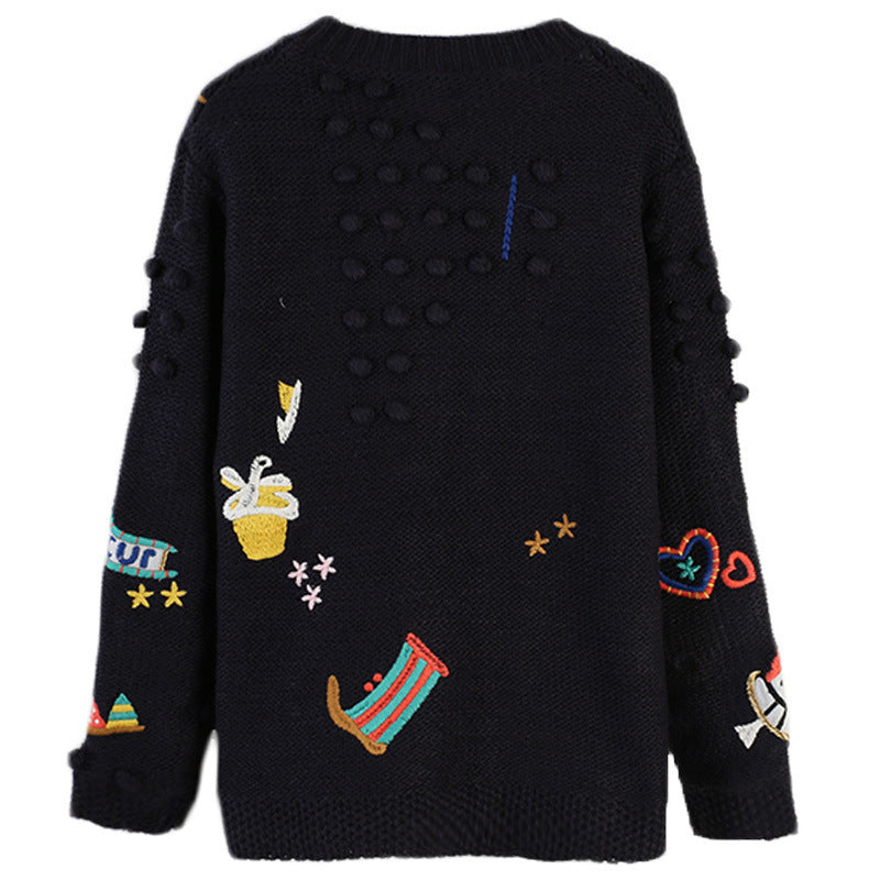 Women's Sweater Long Sleeve Cartoon Embroidered Loose Knit Cardigan