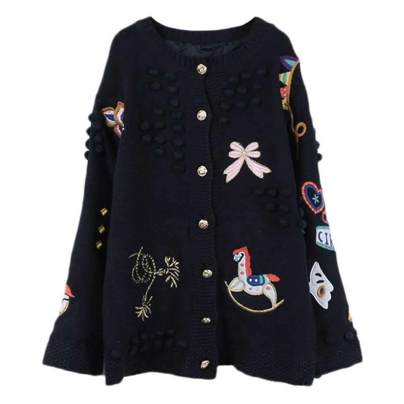 Women's Sweater Long Sleeve Cartoon Embroidered Loose Knit Cardigan