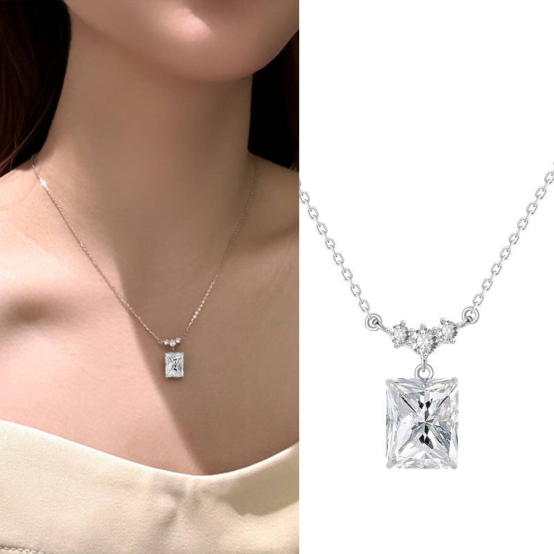 S925 Sterling Silver Light Luxury Square Diamond Necklace