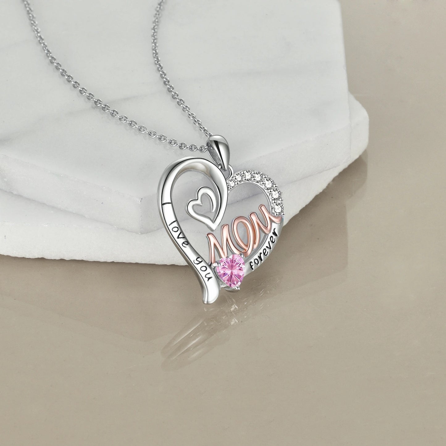 Mom Necklace S925 Sterling Silver Heart CZ Pink Stone