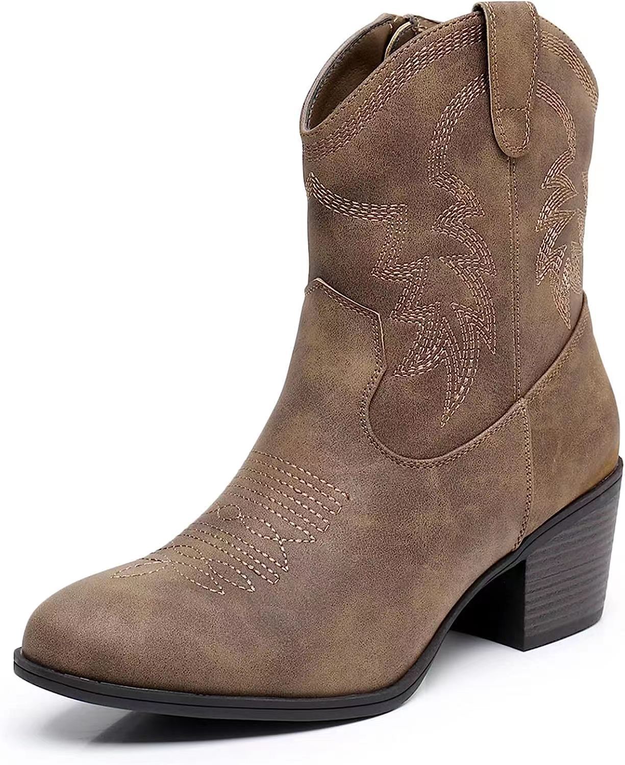 Retro Chunky Heel Side Zip Western Denim Boots