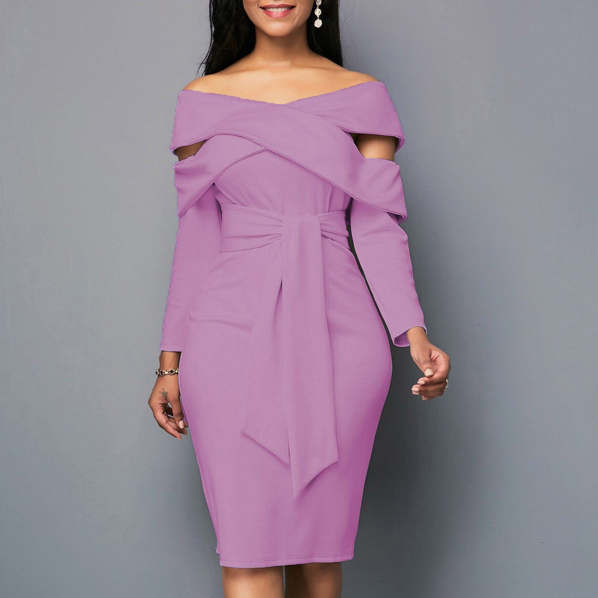 Solid Color Temperament Slim Fit One-Line Neck Long Sleeve Dress