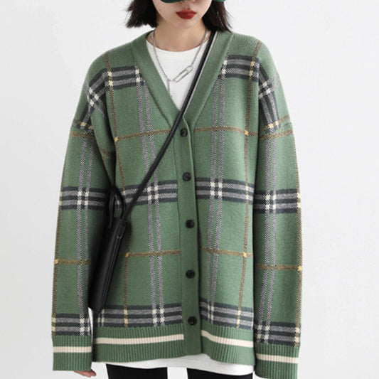 Vintage Loose V-neck Check Sweater Coat Women