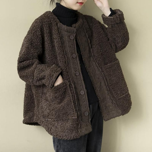 Artistic Retro Loose Long Sleeve Warm Coat Lambswool