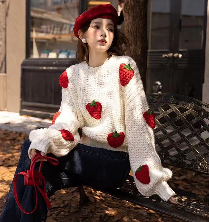 Strawberry Crochet Knit Sweater