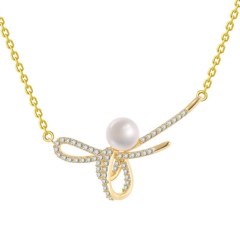 Pearl Necklace S925 Sterling Silver Light Luxury Trendy Bow Chain Set