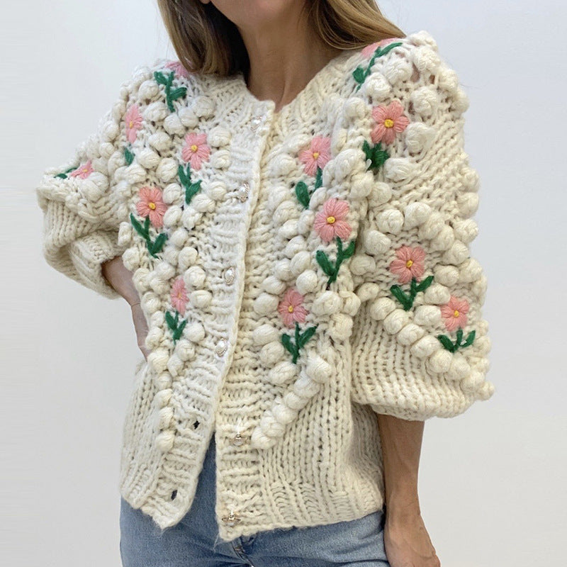 Handmade Crocheted Embroidery Twist Pearl Sweater Cardigan