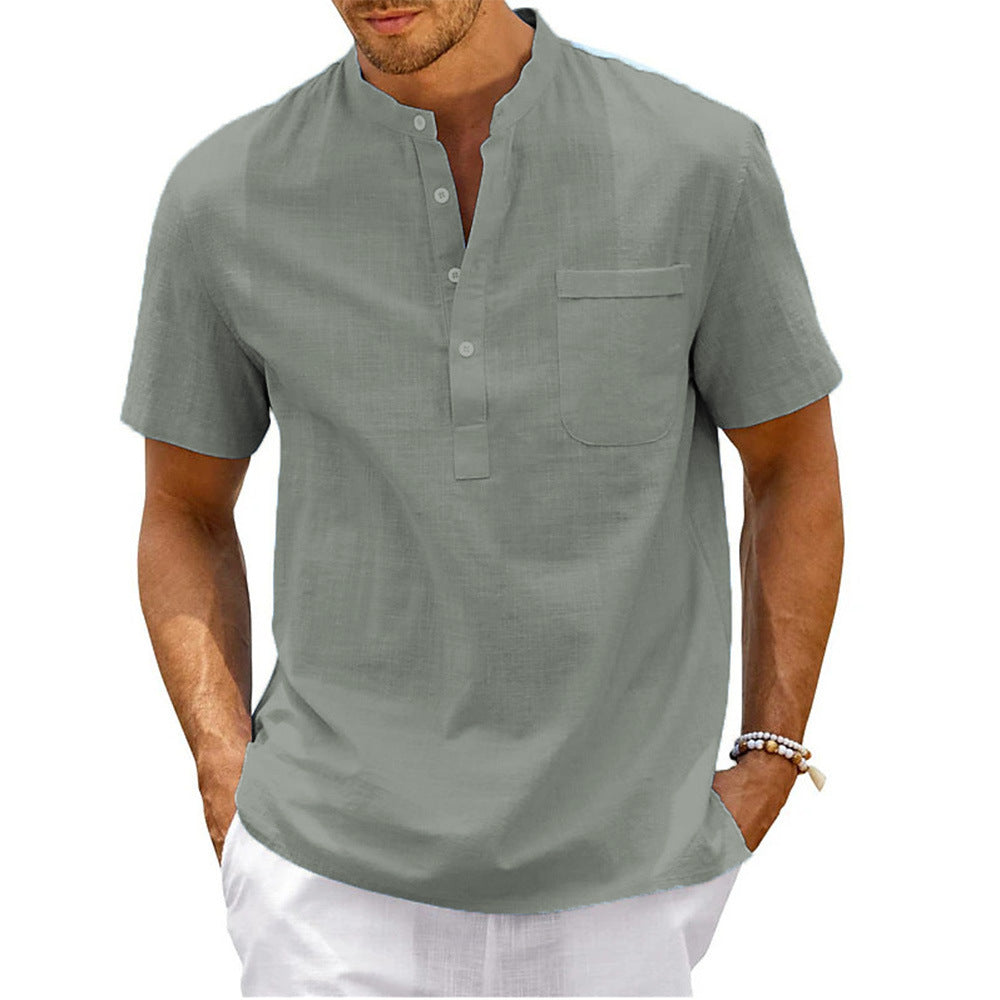 Men's Plus Size Solid Color Stand Up Collar Short Sleeved Shirt