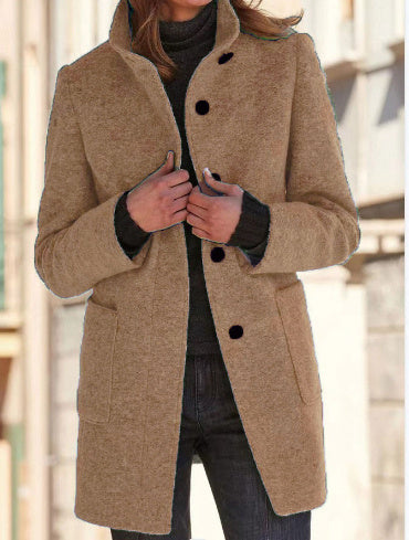 Stand Collar Woolen Coat With Pockets