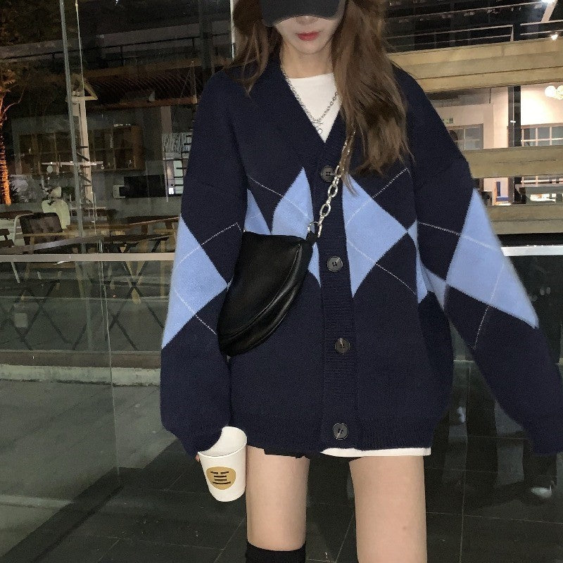 V-neck Knitted Cardigan Women's Japanese Lazy Style Diamond Sweater Coat