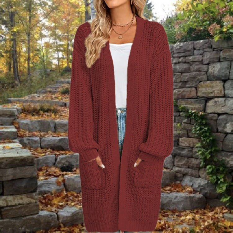 Loose Lantern Sleeve Sweater Women's Cardigan Mid-length Autumn And Winter