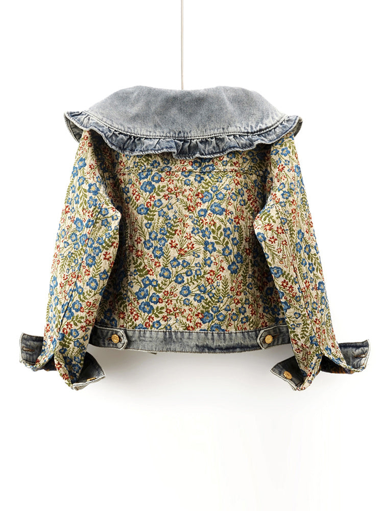 Super Nice Jacquard Long Sleeve Doll Collar Denim Jacket