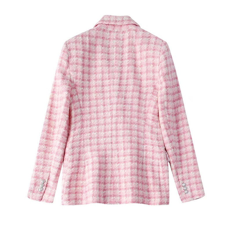 Women's Temperament Fashion Textured Check Double Breasted Blazer