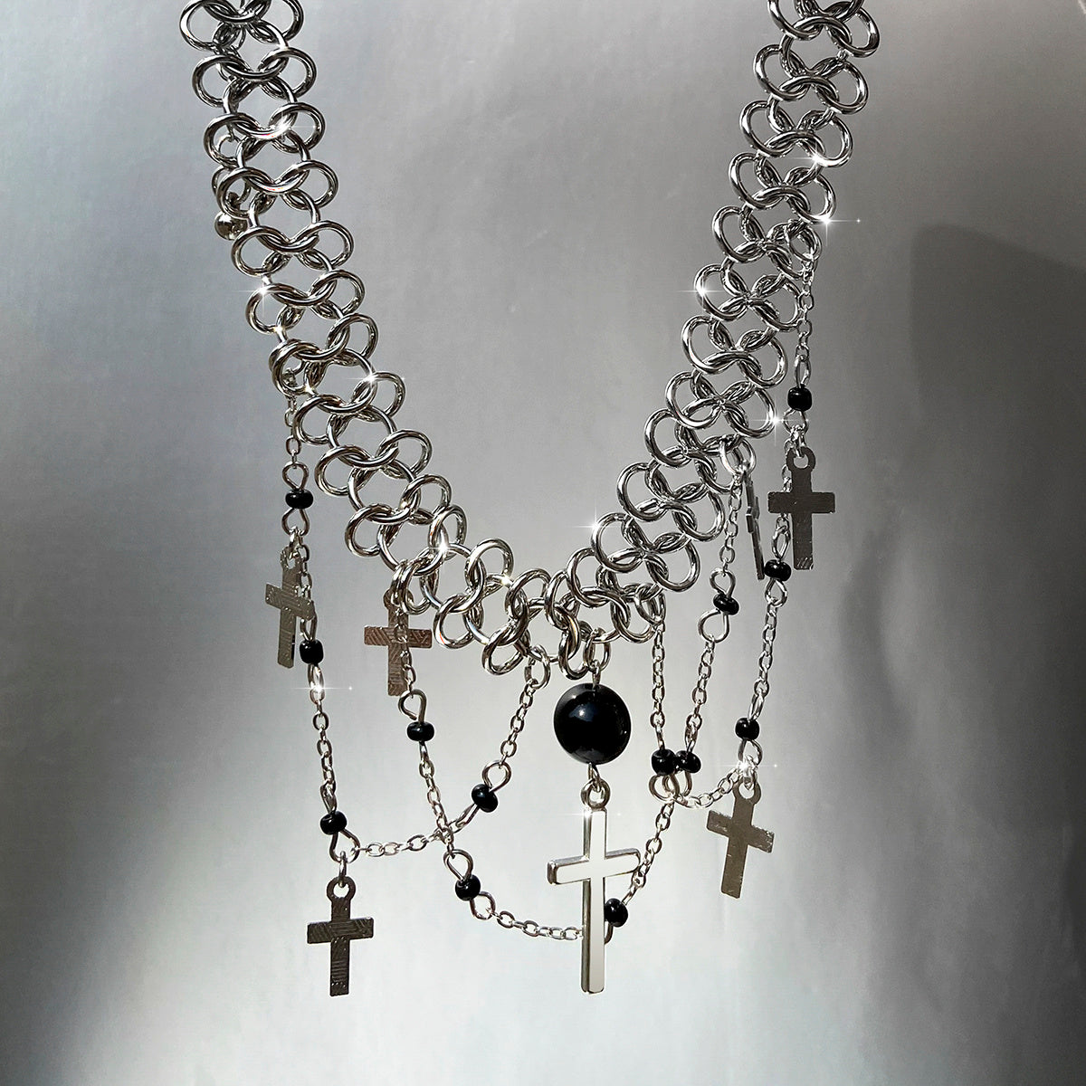 Dark Punk Metal Chain Tassel Necklace, Sweet And Cool Hip-hop Cross Pendant Necklace