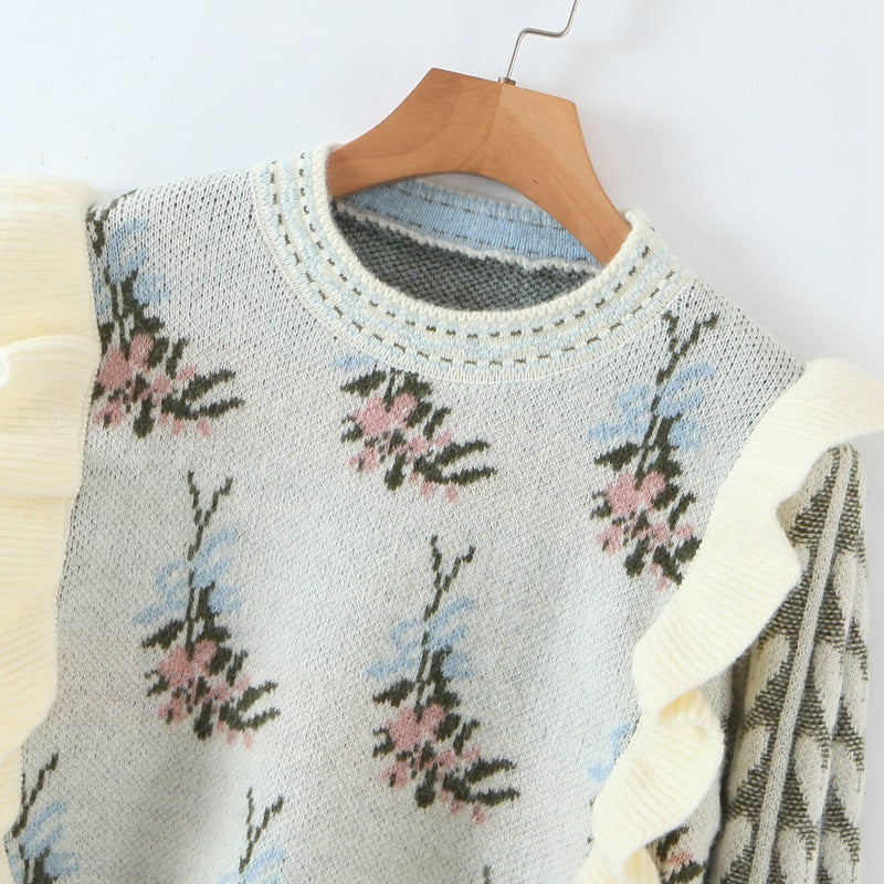 Women's Flower Ruffle Stitching Pullover Sweater