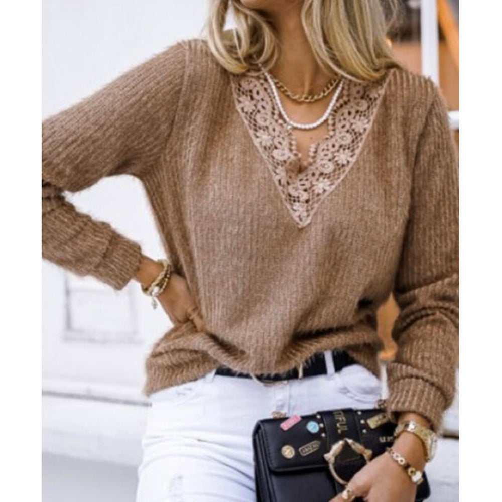 Lace Edge Knitted Warm V-neck Plain Sweater Top Women