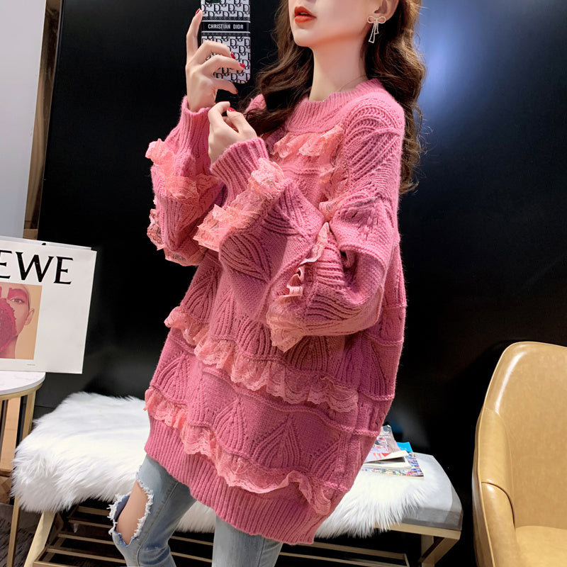 Women Solid Color Lace Sweater Loose